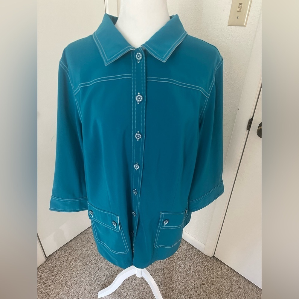 Susan Graver Style Womens Teal Button Front Long Sleeve Blouse Size 1X